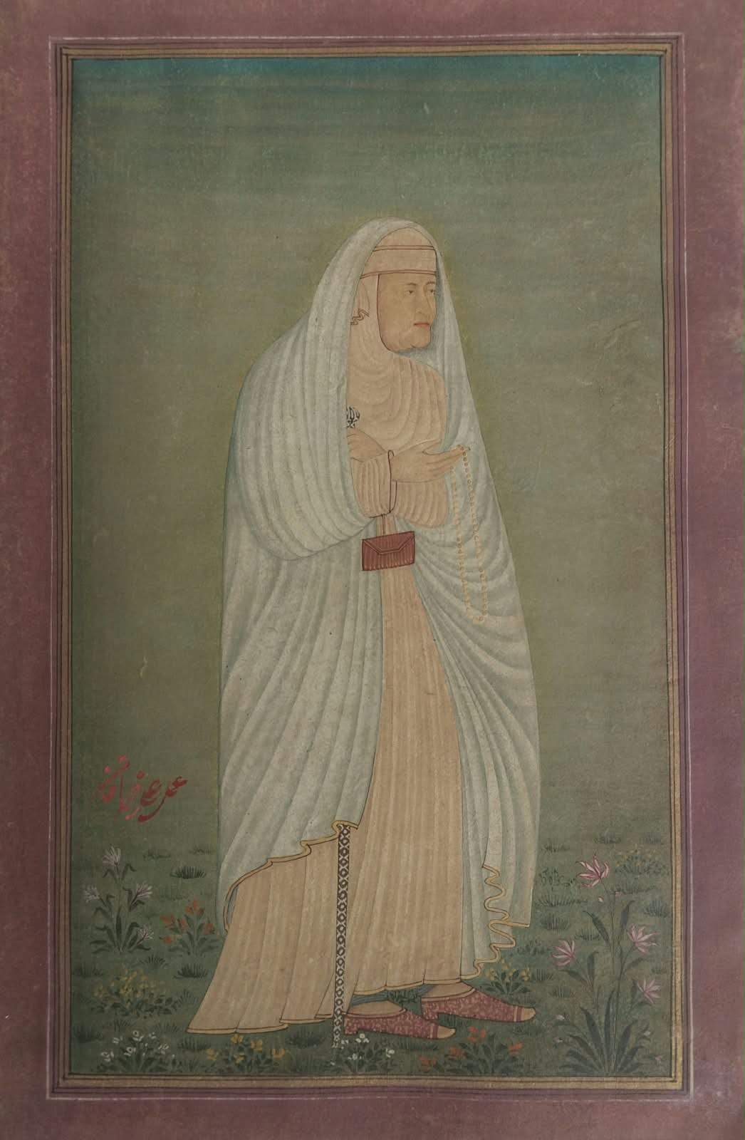 Miniature mughal painting depicting an elderly woman with veil